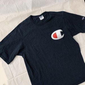Vintage 90s Champion Blue Bar Embroidered T-Shirt Size XL Black